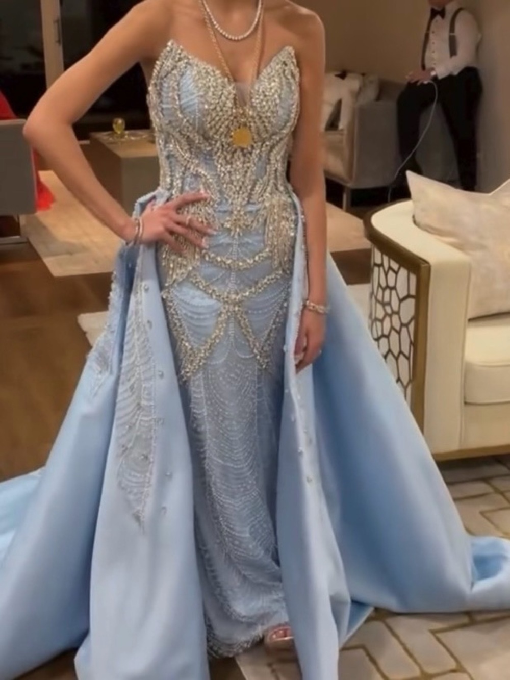 Elegant Light Blue Beaded Strapless Evening Gown